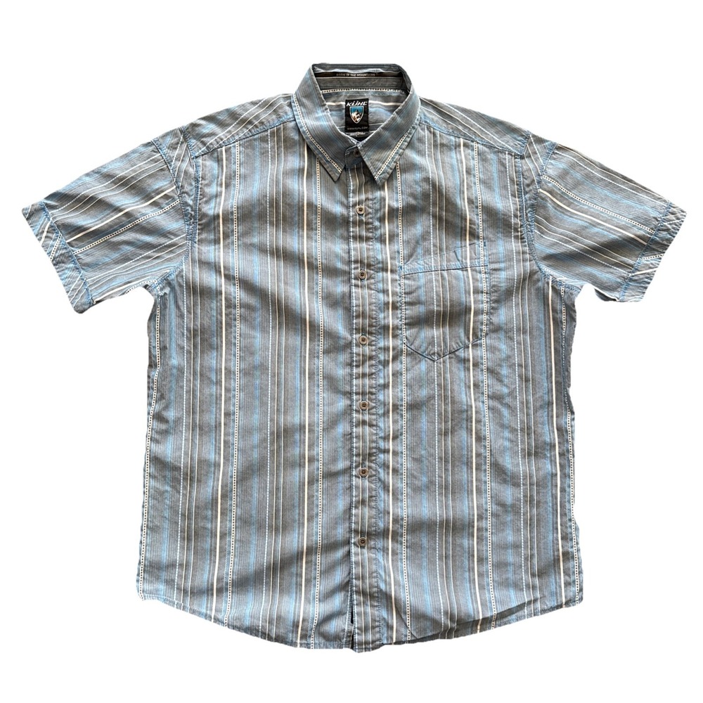 Kuhl Hiking Shirt Men Large Blue Stripe Short Sleeve Button Up Stretch